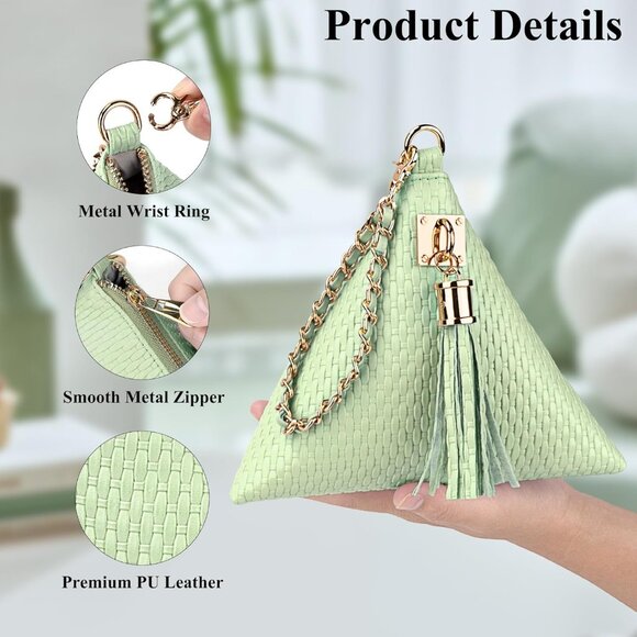 ⚡New Green Leather Triangle Wristlet Clutch Handbag Pyramid Evening Cocktail - Picture 3 of 6